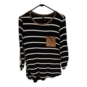 ACTIVE USA stripe suede pocket roll tab sleeve knit shirt top t shirt sz M